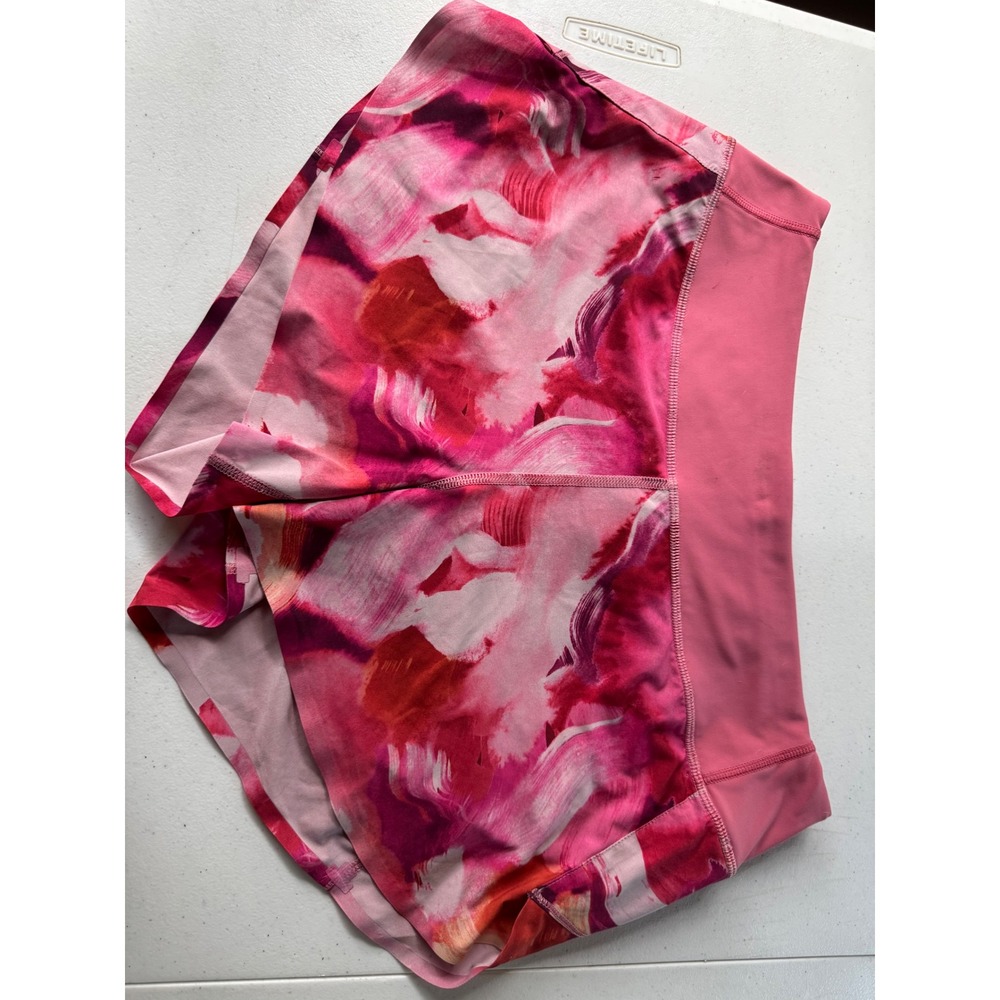 Athleta Pink Red Abstract Floral Running Shorts Women Athletic Gym Zipper Pocket